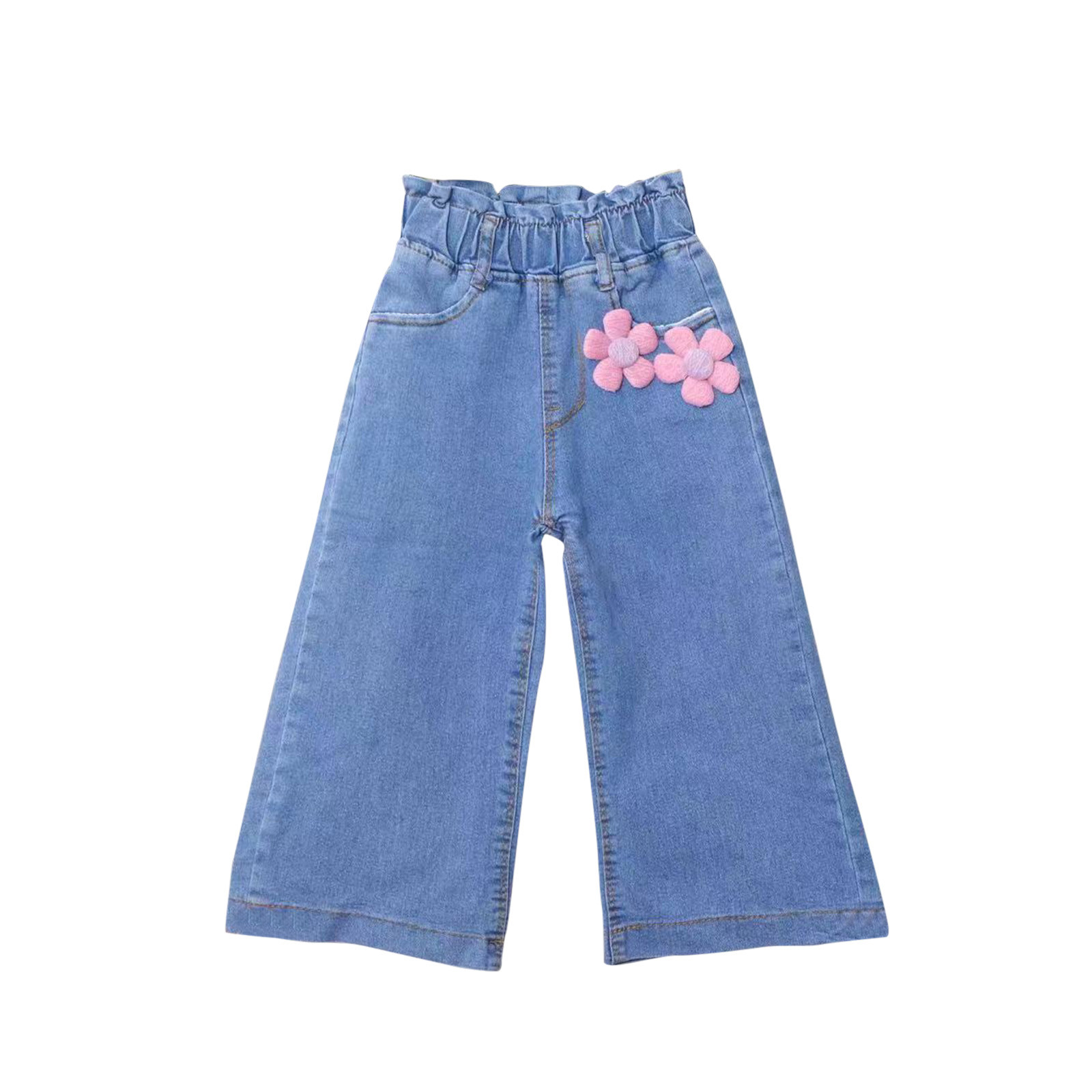 APEXFWDT Girls Jeans Denim Elastic Wasit Wide Leg Baggy Pants Kids Baby Little Girl Casual Printed Jeans Clothes 2-8 Years